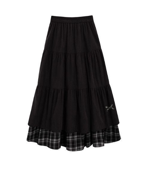 Woolen corduroy patchwork check high-waisted A-line long dress