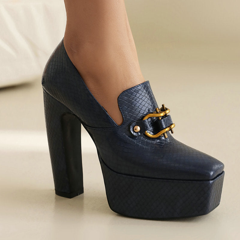 High Heels, Snake Print Square Toe, Thick Sole, Chunky Heel Women's Shoes