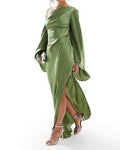 Women's Satin Women's Maxi Dress ? Green Asymmetrical Hem Satin Maxi Dress