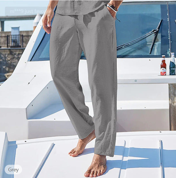 Cotton Linen Drawstring Elastic Waist Casual Trousers