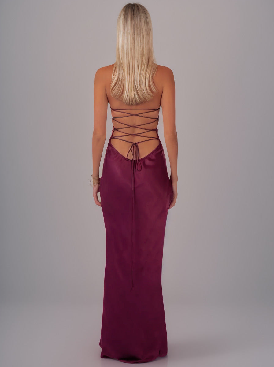 Sequined Satin Backless Lace-Up Slip Dress