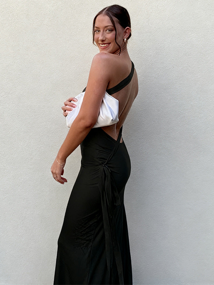 Sleeveless Slope Collar Backless Long Dress