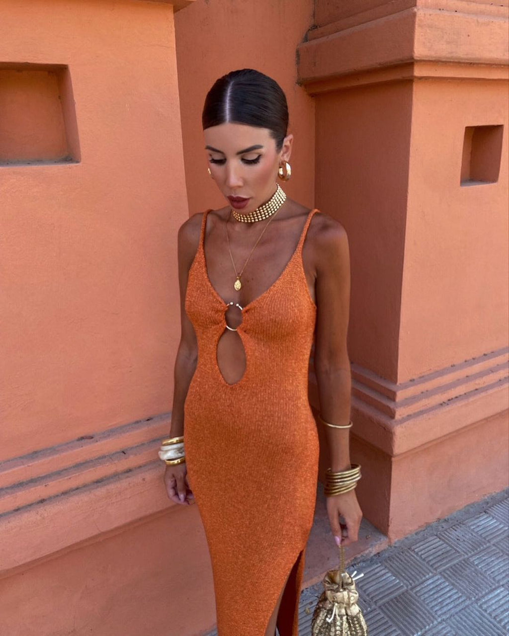 Womens Backless Knit Dress with Metal Buckle