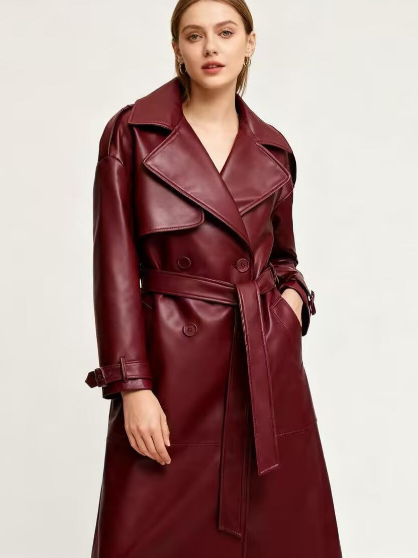 Women's Retro PU Leather Trench Coat