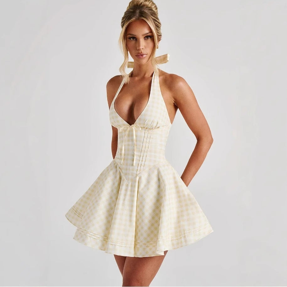 French Retro Plaid Halterneck Backless Dress
