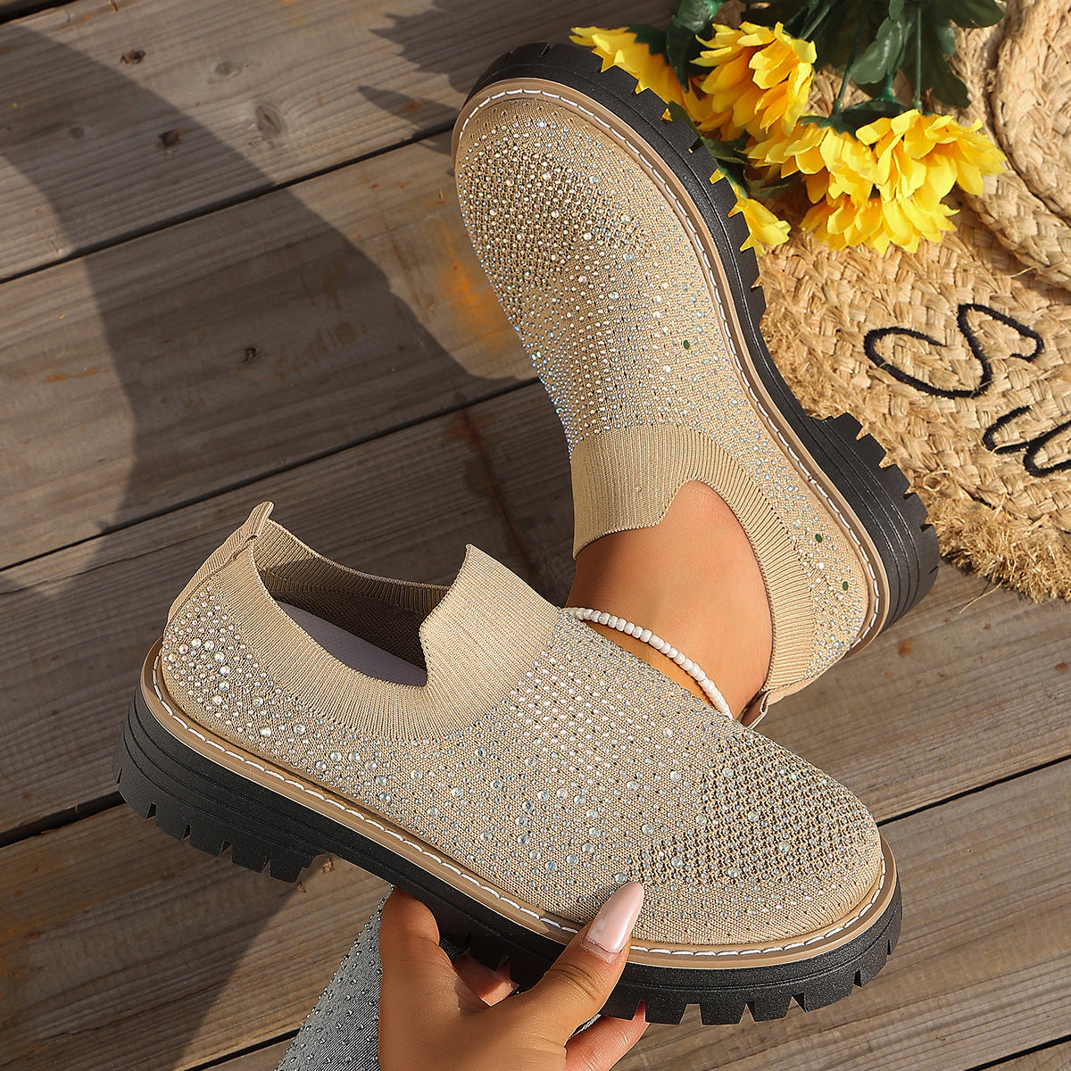 Rhinestone Platform Slip On Shoes