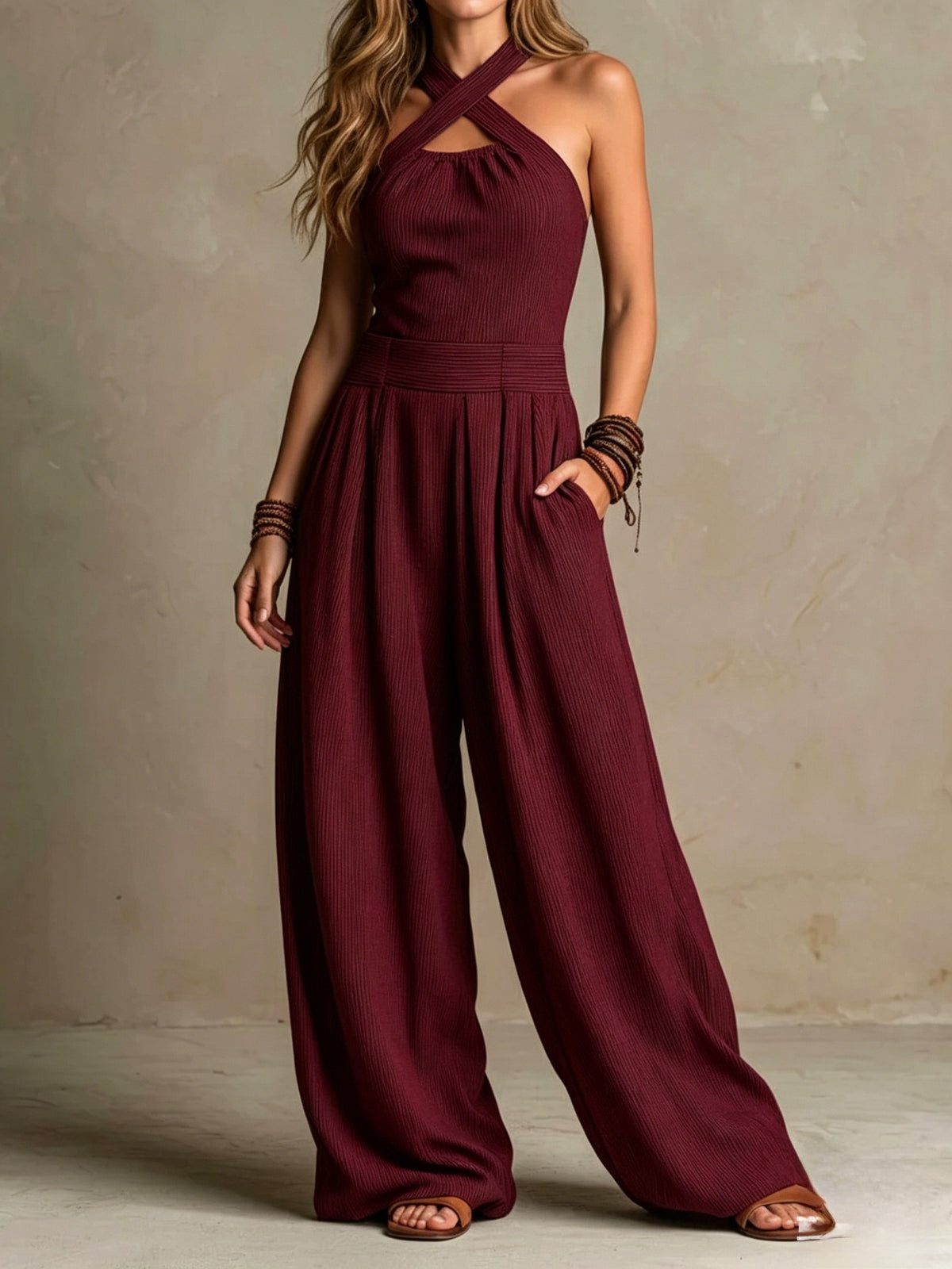 Crossed-necked openwork one-piece pants
