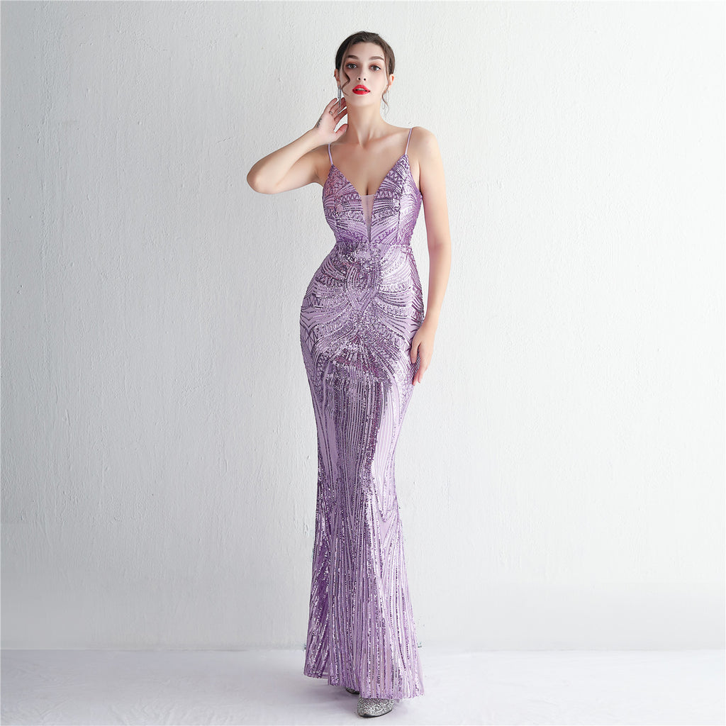 Elegant Sequined Evening Dress with Deep V-Neck