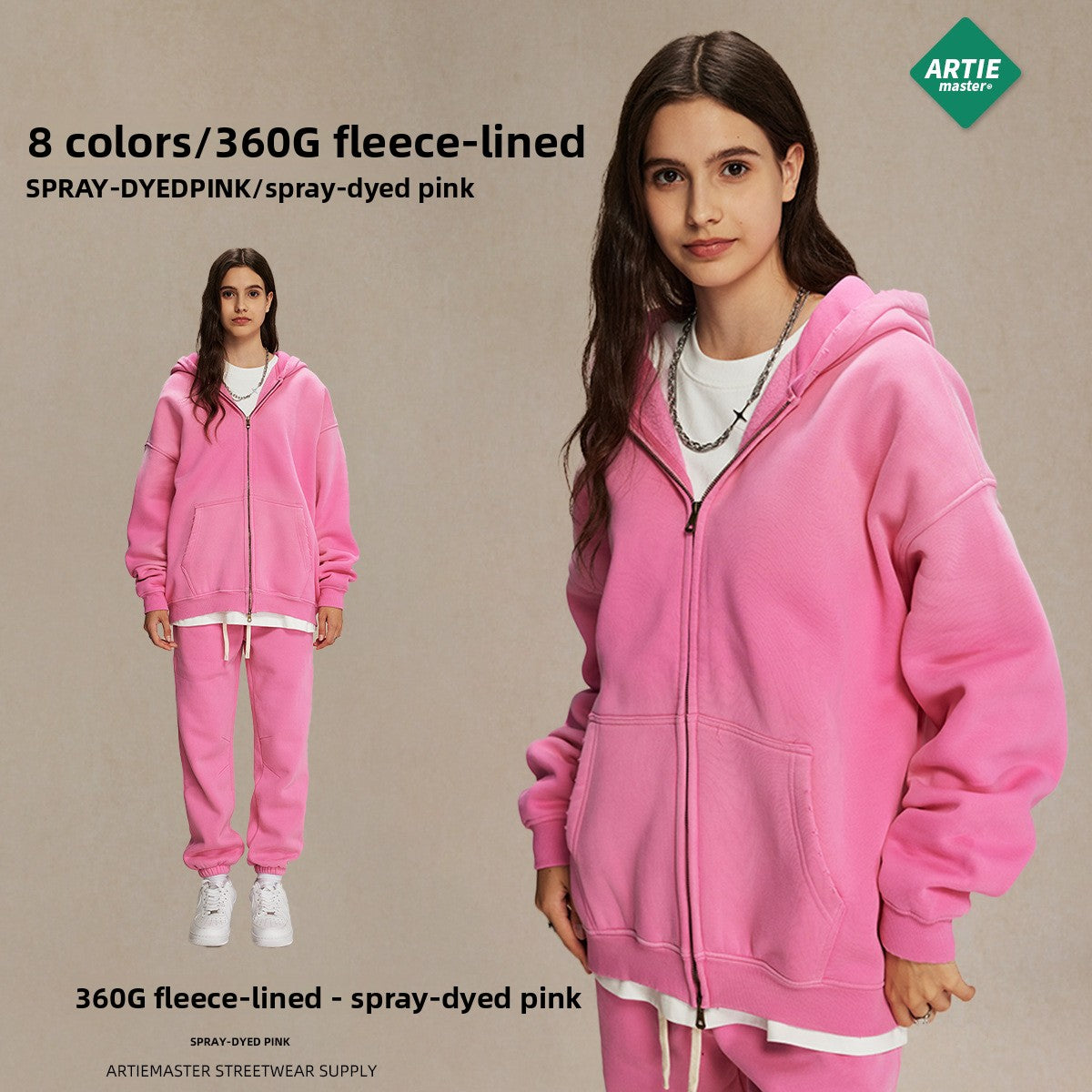 Men's garment dyeing distressed and padded double-headed zipper sweatshirt and pants set