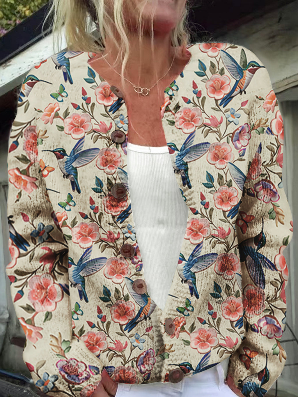 Womens 3D Printed Loose Cardigan
