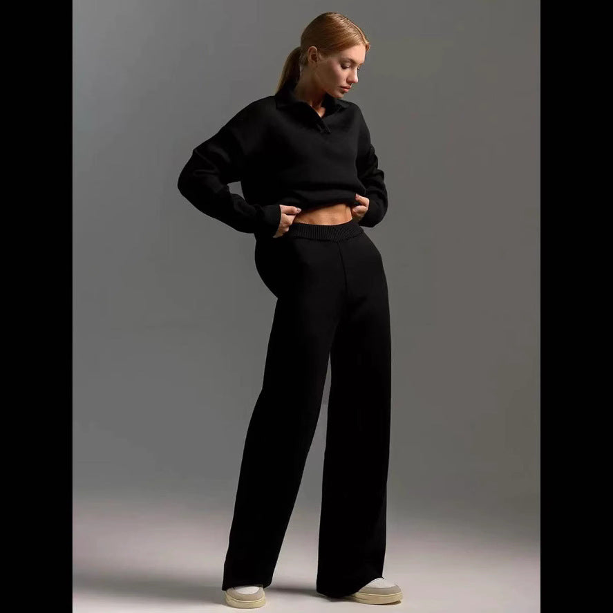 Women's Two-Piece Knit Set Polo Collar Pullover and Wide-Leg Pants