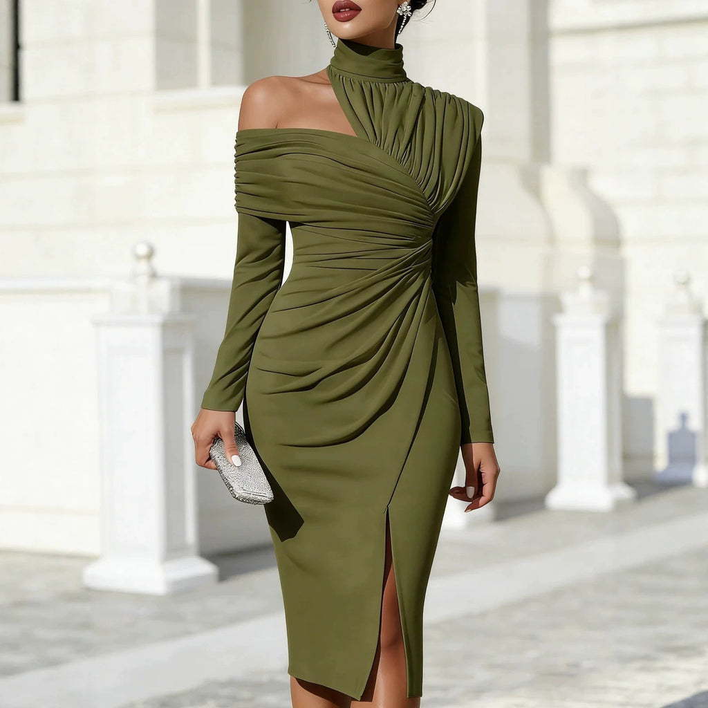 Women's Elegant Solid Color Hollow-Out Knitted Dress with Ruched Slit Long Sleeve