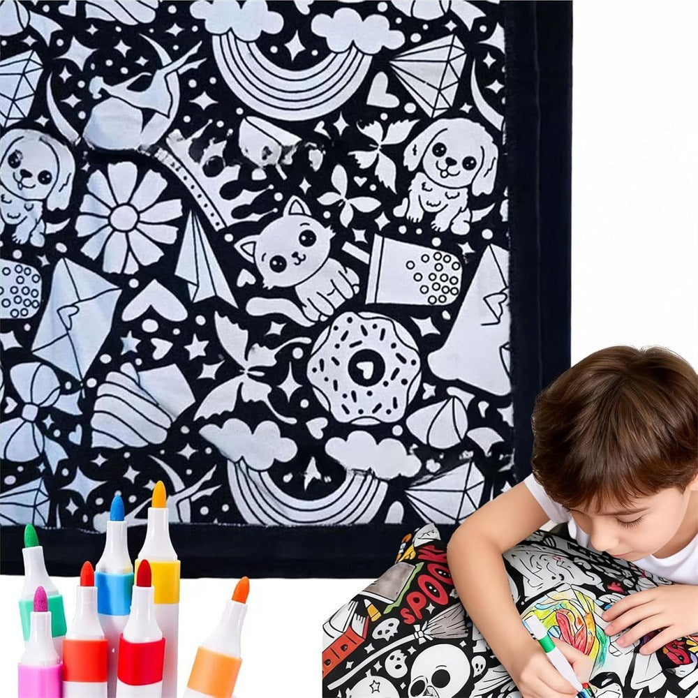 Black and white line-drawn graffiti rug