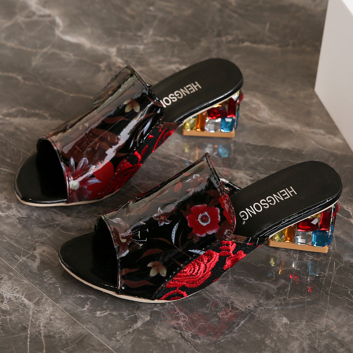 Rhinestone High Heel Fish Mouth Sandals