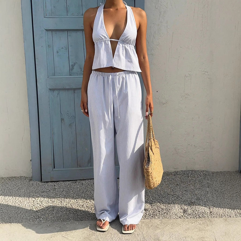 Striped V-Neck Tank Top and Straight-Leg Pants Set