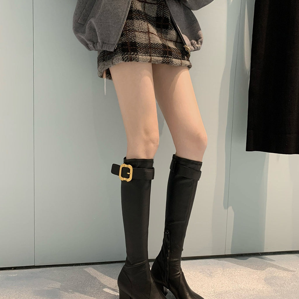 Women's Chunky Heel Knight Boots with Gold Buckle