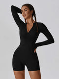 Jumpsuit Long-Sleeved Shorts with Open Collar and Zip-Up Sportswear Leggings