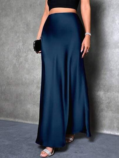 Simple, faux-silk long dress for women