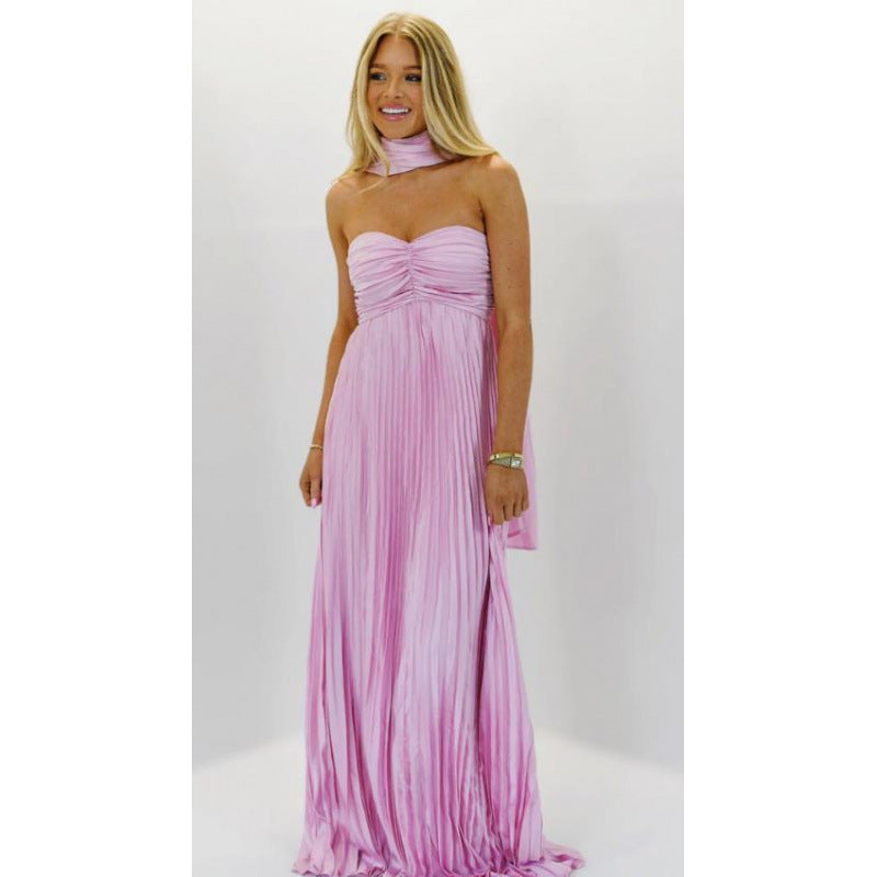 Elegant Pleated Halter Neck Dress
