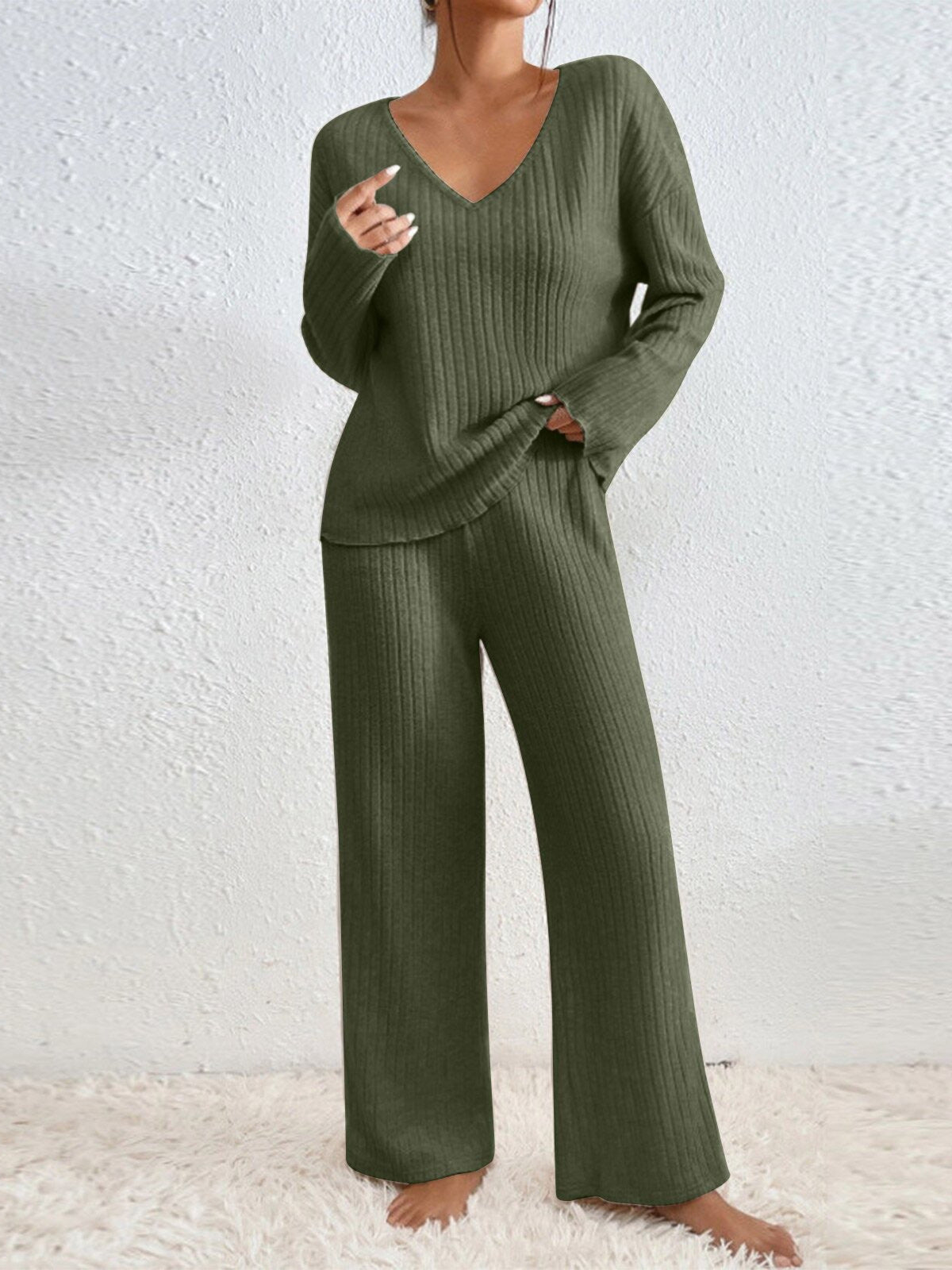 Women V-Neck Loose Ribbed Knit Long Sleeve Top Suit Set