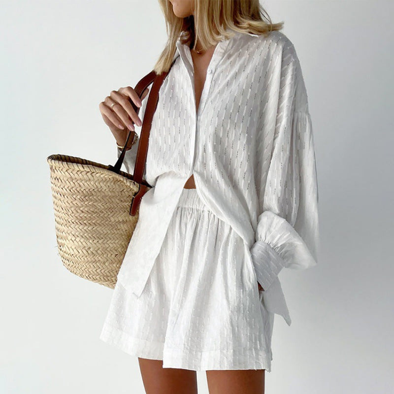 Women's Jacquard Puff Sleeve Shirt and Shorts Two-Piece Set