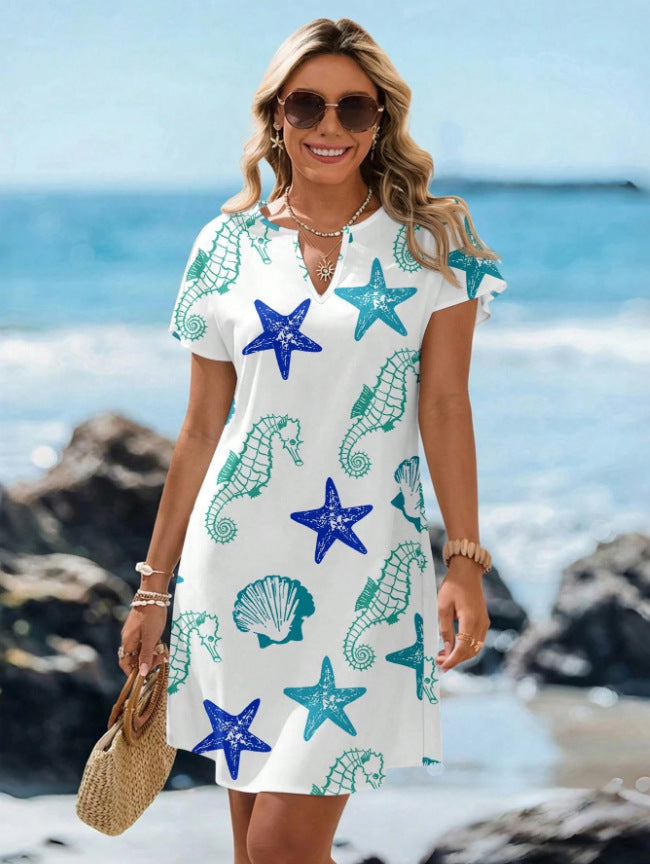 V-Neck Starfish Print Short Sleeve Dress