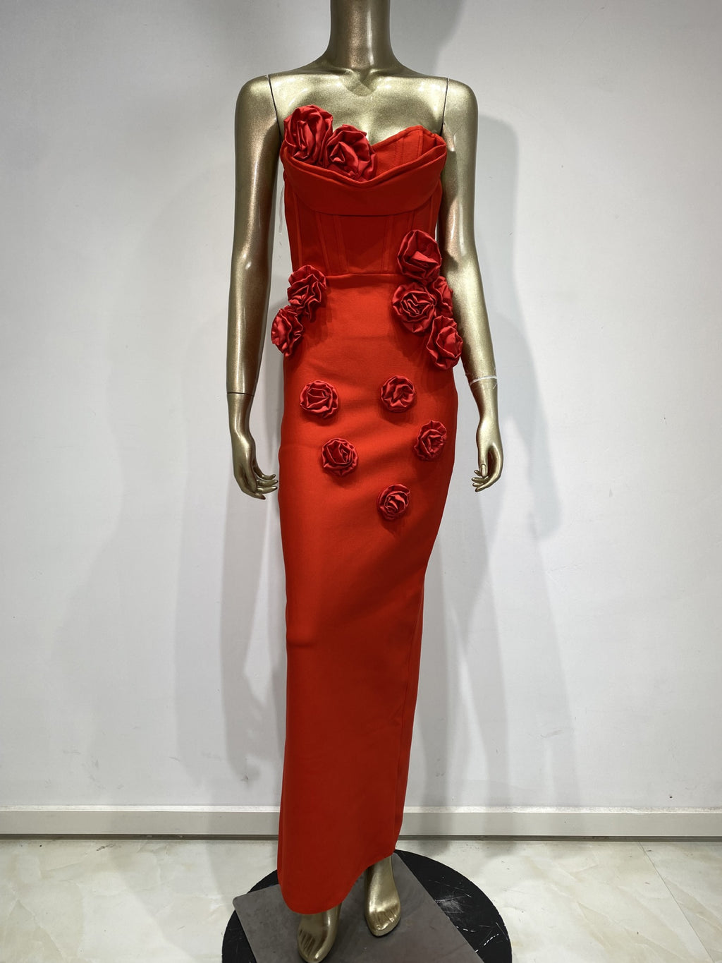 Womens Floral Applique Strapless Long Dress