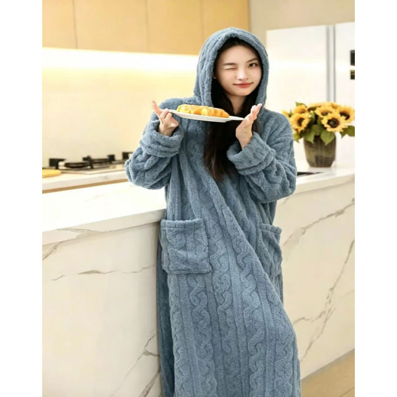 Women Hooded Coral Fleece Warm Long Sleeve Nightgown