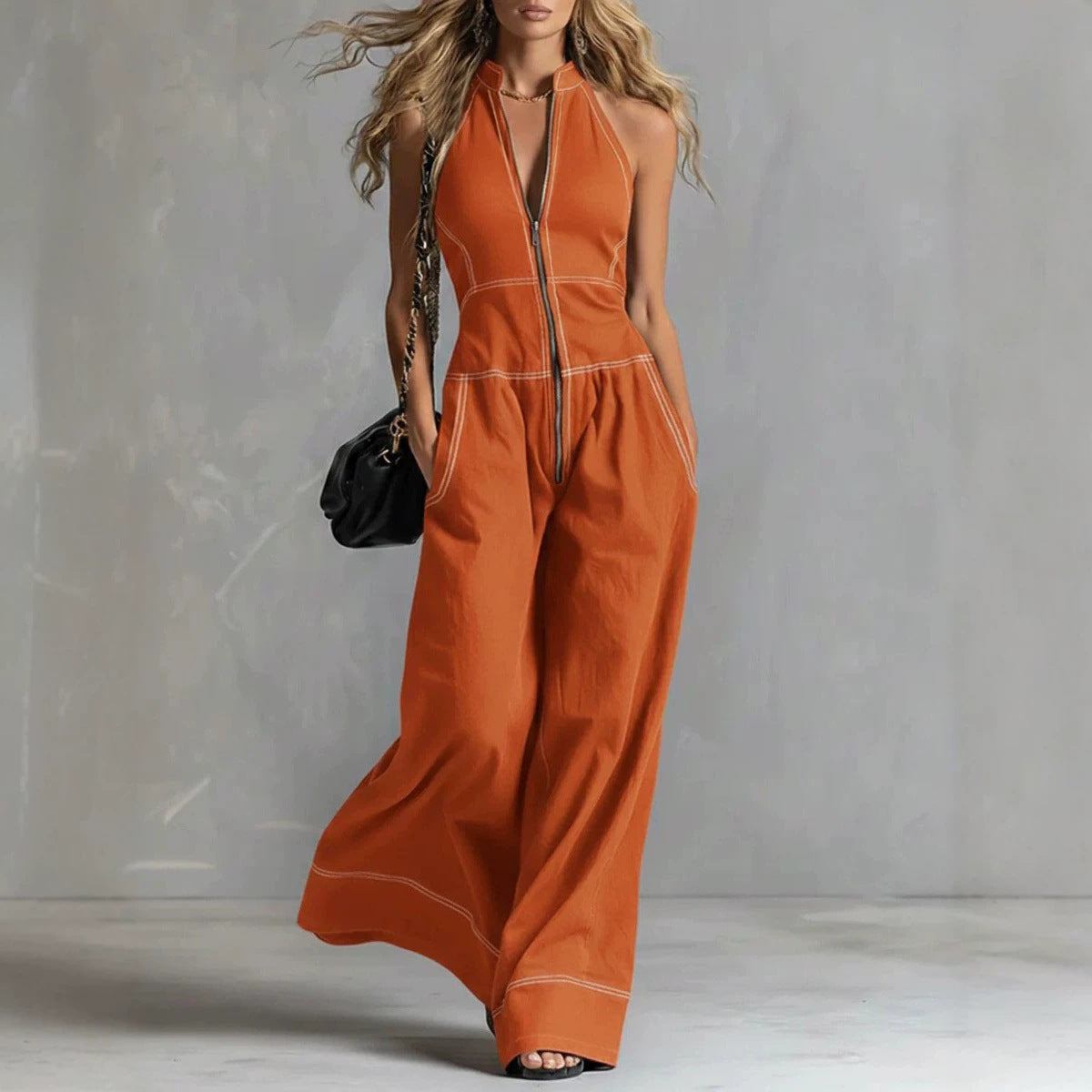 Womens Stand Collar Sleeveless Loose Pants