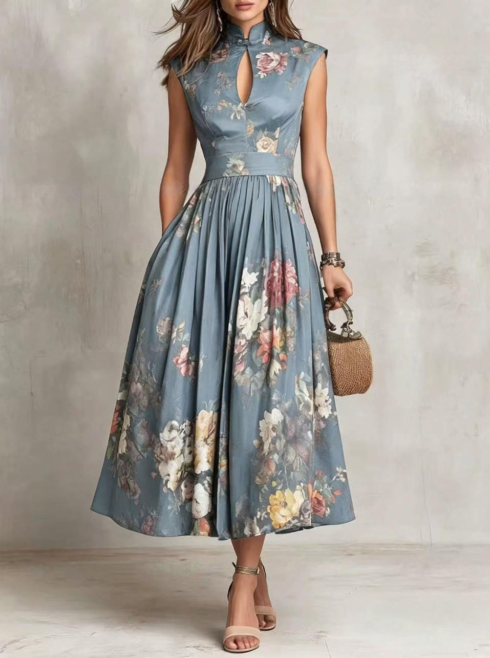 Women Sleeveless Floral Print Slim Fit Long Dress
