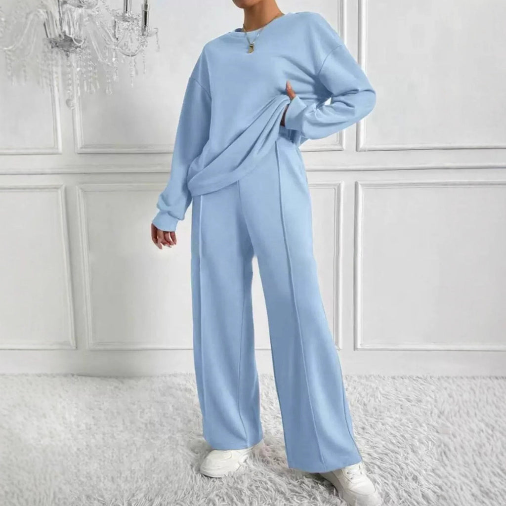 Women's Solid Color Round Neck Long Sleeve Pants Suit Casual Two-Piece Set