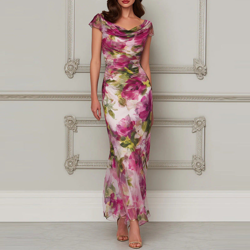 Women's Summer Floral Print Fishtail Dress Slim Fit Swing Collar Short Sleeve Long Dress