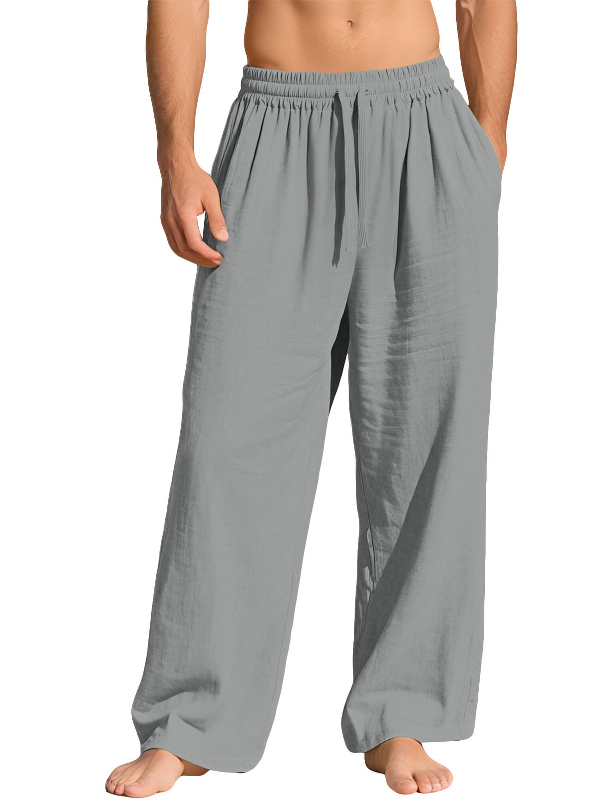 Mens Cotton Linen Loose Fit Drawstring Casual Pants