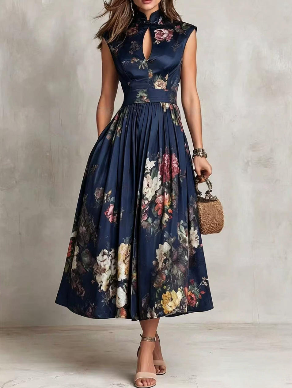 Women Sleeveless Floral Print Slim Fit Long Dress