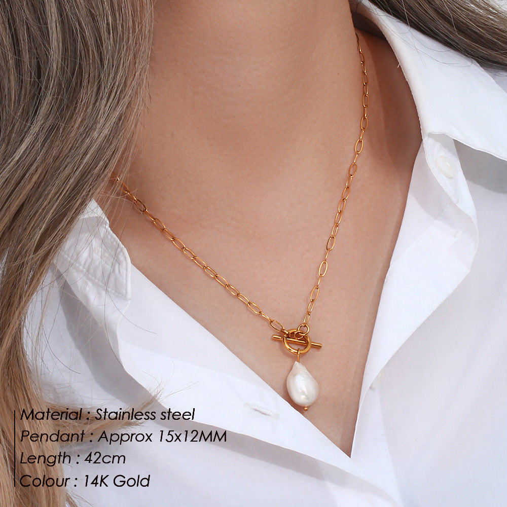 Baroque Freshwater Pearl Stainless Steel Necklace Square Chain Jewelry
