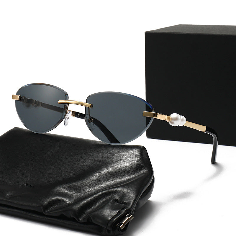 Frameless Cat Eye Sunglasses with Pearl Decor