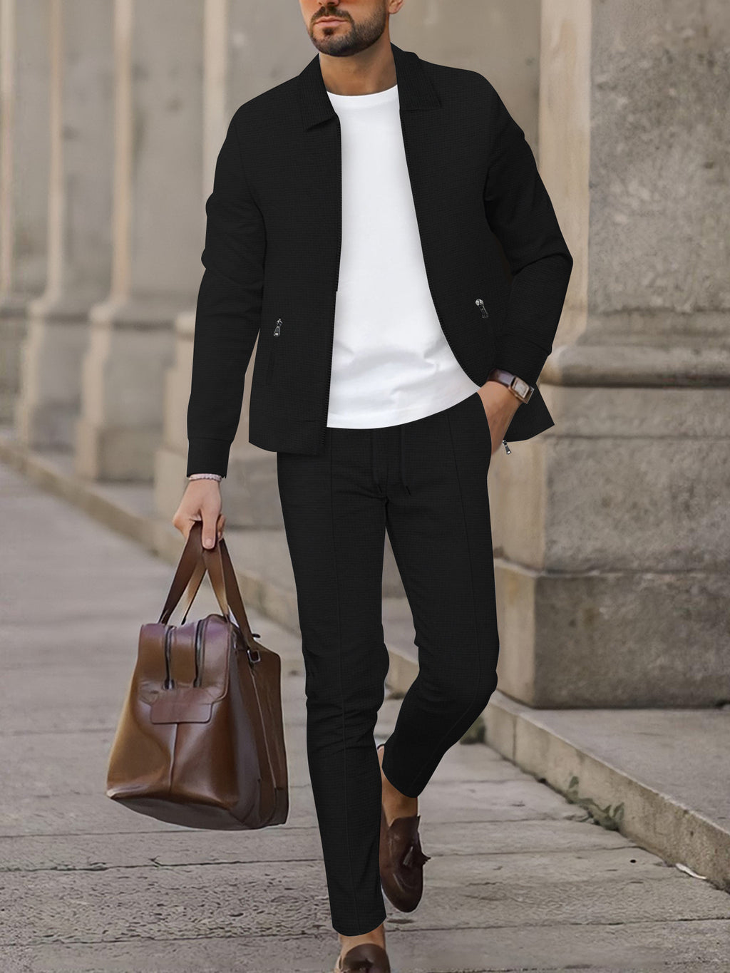 Mens Waffle Knit Zip-Up Track Suit