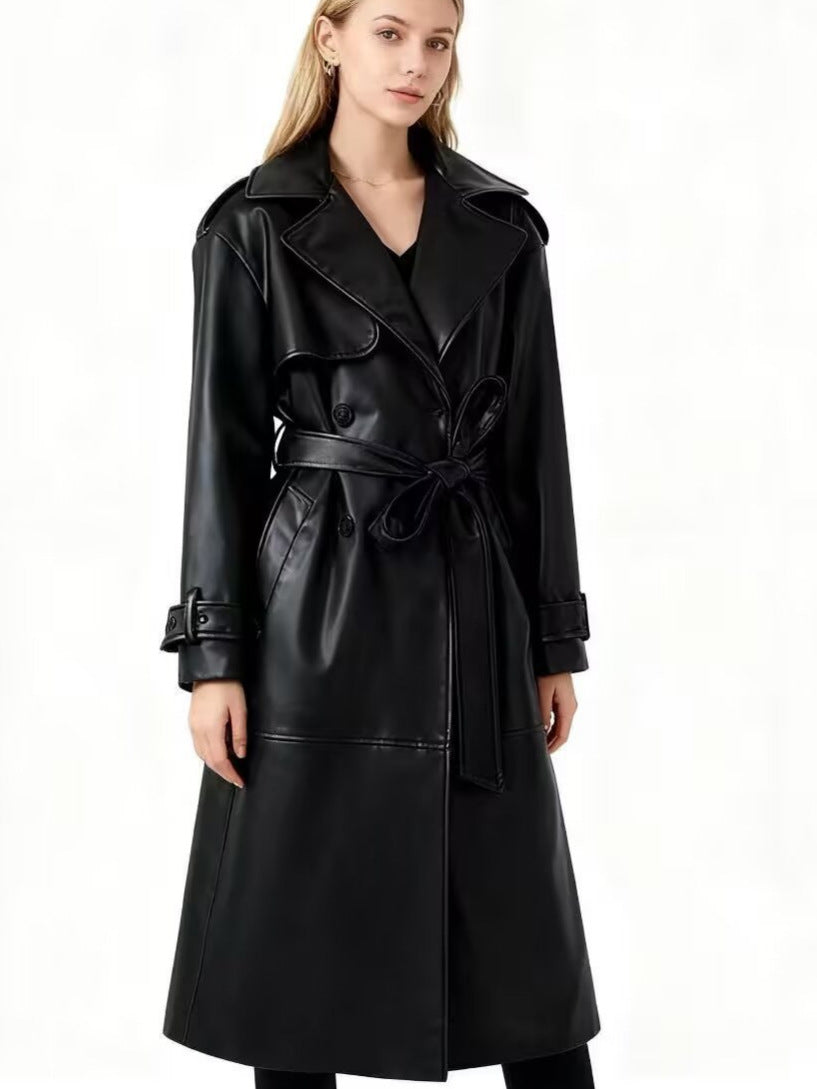 Women's Retro PU Leather Trench Coat