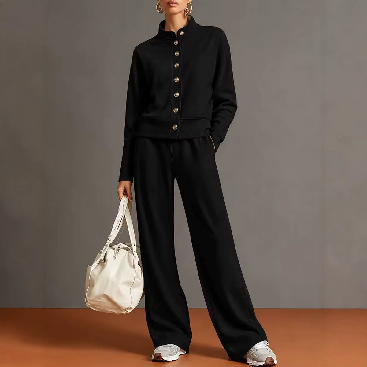 Women's Solid Color Stand Collar Sweatshirt and Wide Leg Pants Casual Two Piece Set