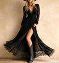 Vintage Lace Long Sleeve Deep V-Neck High Waist Slit Ruffle Floor-Length Dress