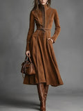 Women's Retro Suede Stand Collar Zipper A-Line Long Dress