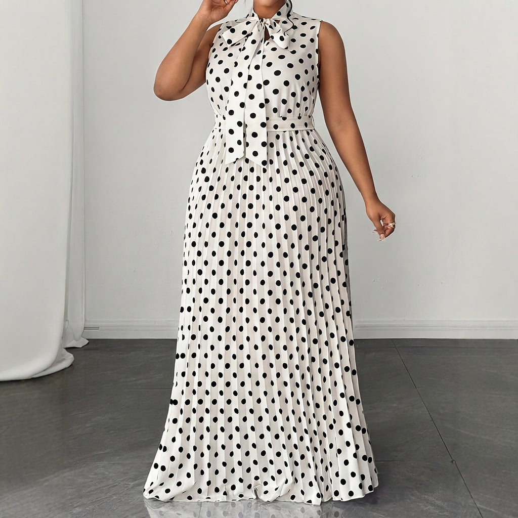 Polka Dot Sleeveless Tie-Up Mid-Length Dress