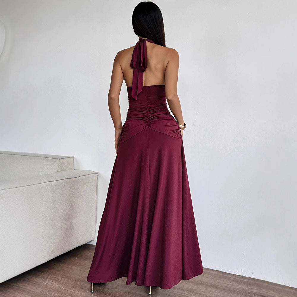 Womens Backless Deep V Halter Neck Pleated Dress