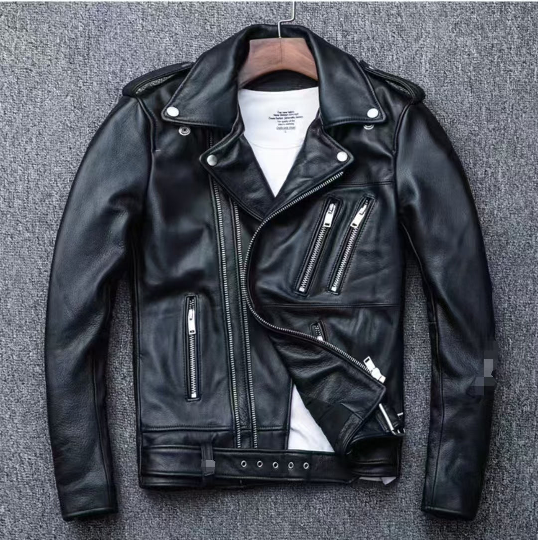 Men's leather jacket with water-washed finish, motorcycle-style men's leather jacket
