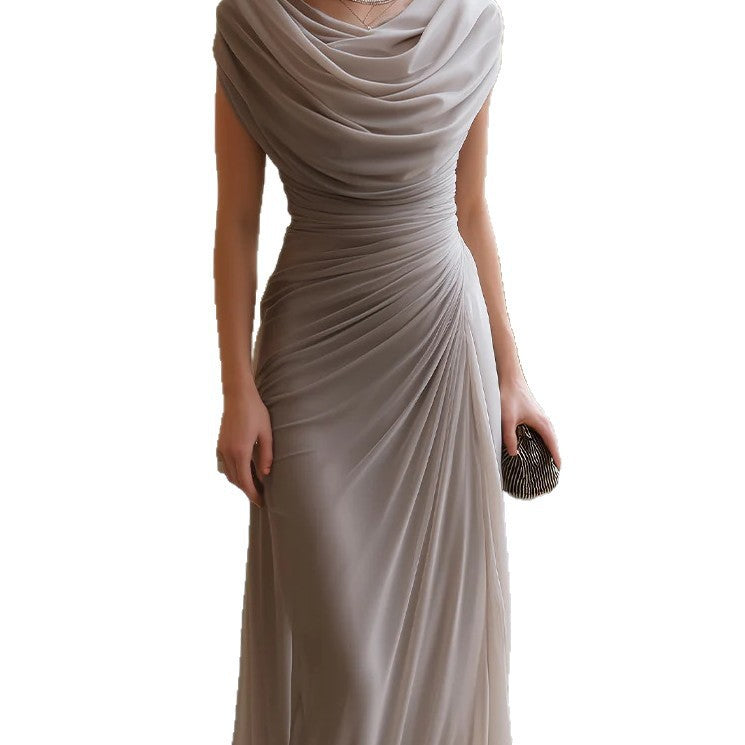 Women's Elegant Pleated Cowl Neck Sleeveless Dress