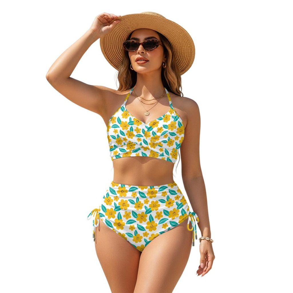 Women Sexy Animal Print High-Waist Drawstring Two-Piece Bikini Swimsuit