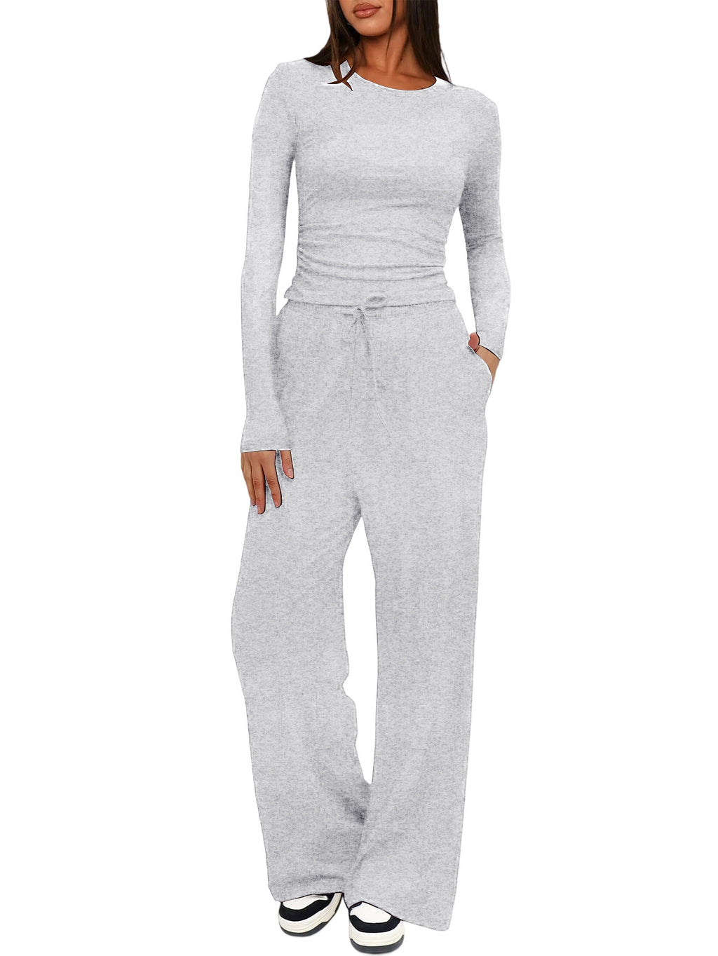 Solid Color Long Sleeve Top and High Waisted Wide Leg Pants Sportswear Set
