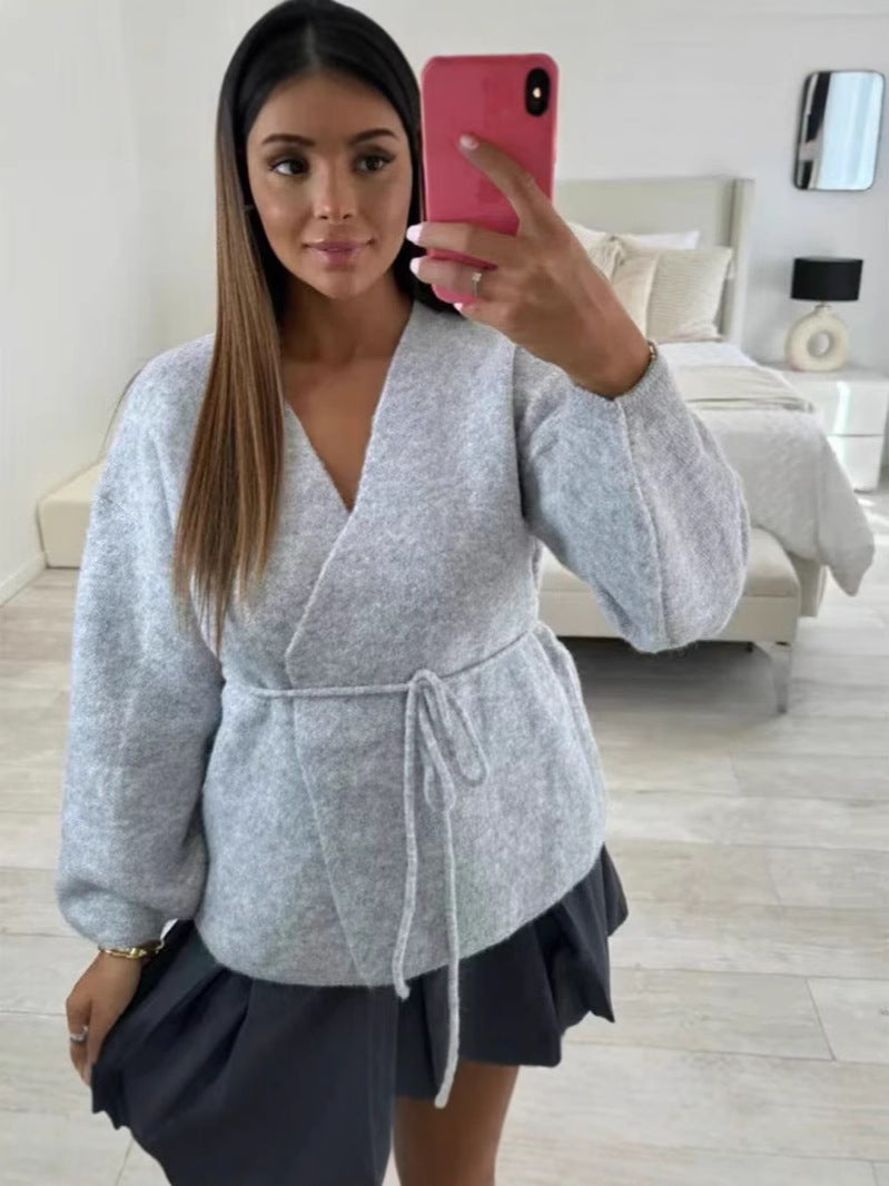 Women's Two-Color Lace-Up Long Sleeve V-Neck Cardigan Sweater