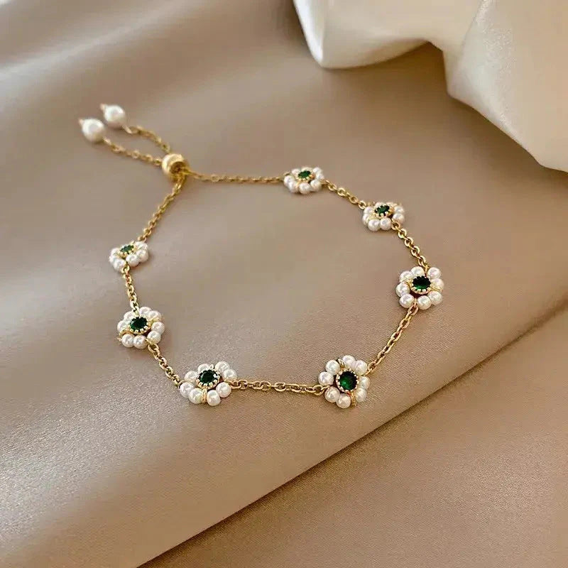 Vintage Floral Stainless Steel Bracelet with Emerald Pearl Pendant