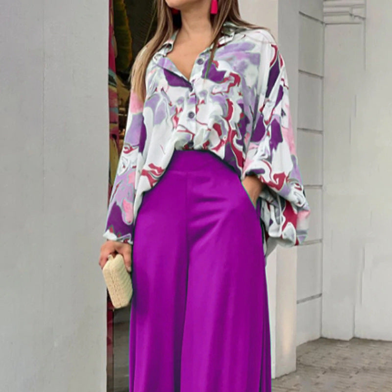Floral Print Shirt and Wide-Leg Pants Set